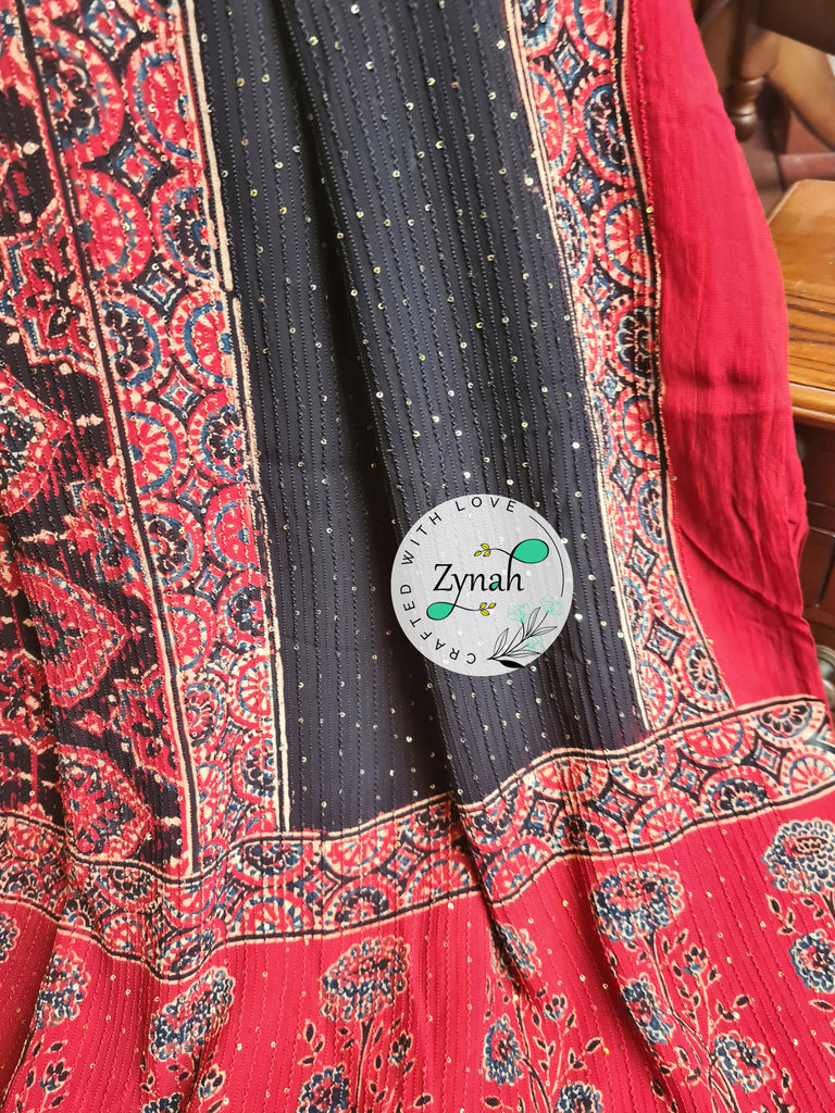 Zynah Black & Red Color Pure Georgette Sequence Work Saree with Ajrakh Handblock Prints; Custom Stitched/Ready-made Blouse, Fall, Petticoat; Shipping available USA, Worldwide