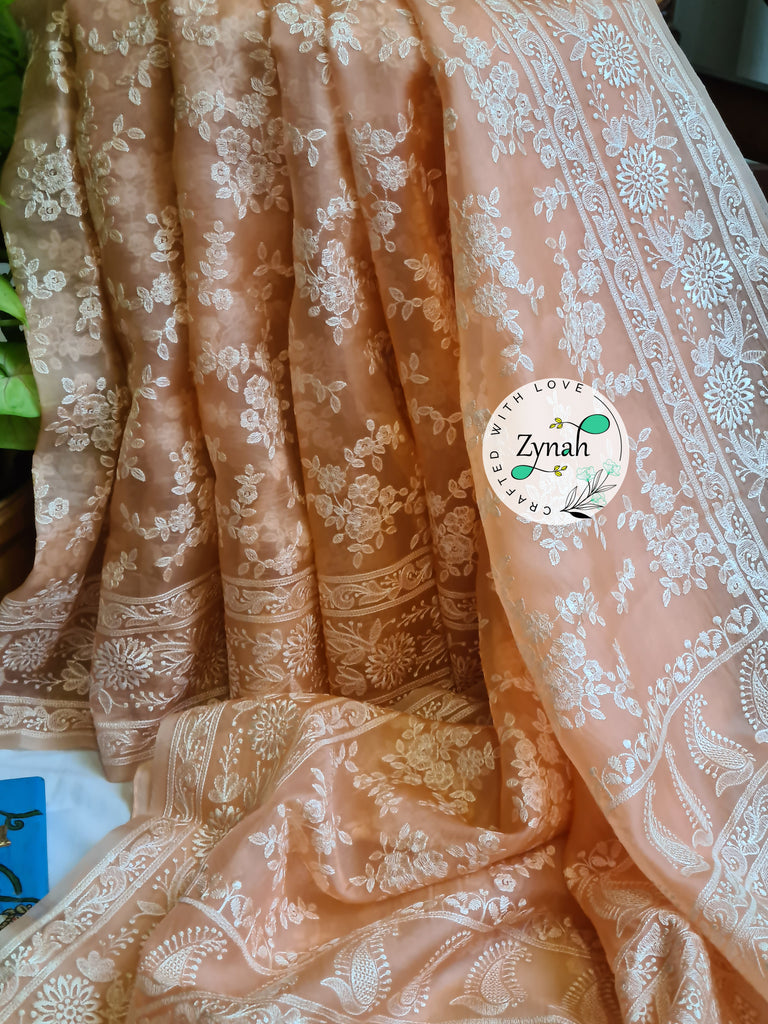Zynah Peach Color Pure Organza Chikankari Saree in Pastel Shade; Custom Stitched/Ready-made Blouse, Fall, Petticoat; Shipping available USA, Worldwide