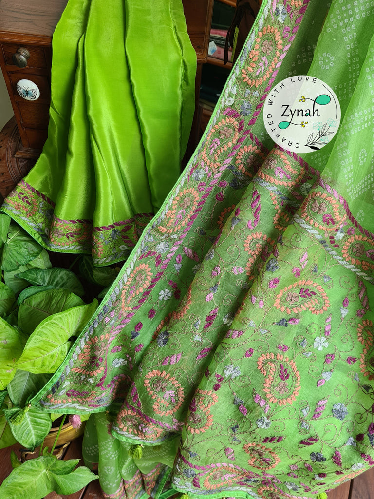 Zynah Light Green Color Pure Organza Silk Saree with Bandhani Prints & Kantha Embroidery; Custom Stitched/Ready-made Blouse, Fall, Petticoat; Shipping available USA, Worldwide