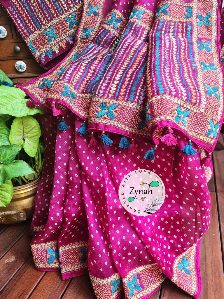 Zynah Pink Color Pure Organza Silk Saree with Bandhani Prints & Kantha Embroidery; Custom Stitched/Ready-made Blouse, Fall, Petticoat; Shipping available USA, Worldwide