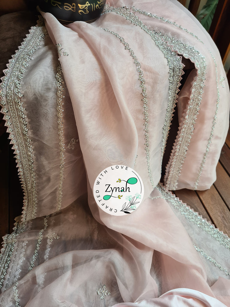 Zynah Light Pink Color Pure Organza Silk Saree with Sequence, Pearls & Cut-dana Work; Custom Stitched/Ready-made Blouse, Fall, Petticoat; Shipping available USA, Worldwide