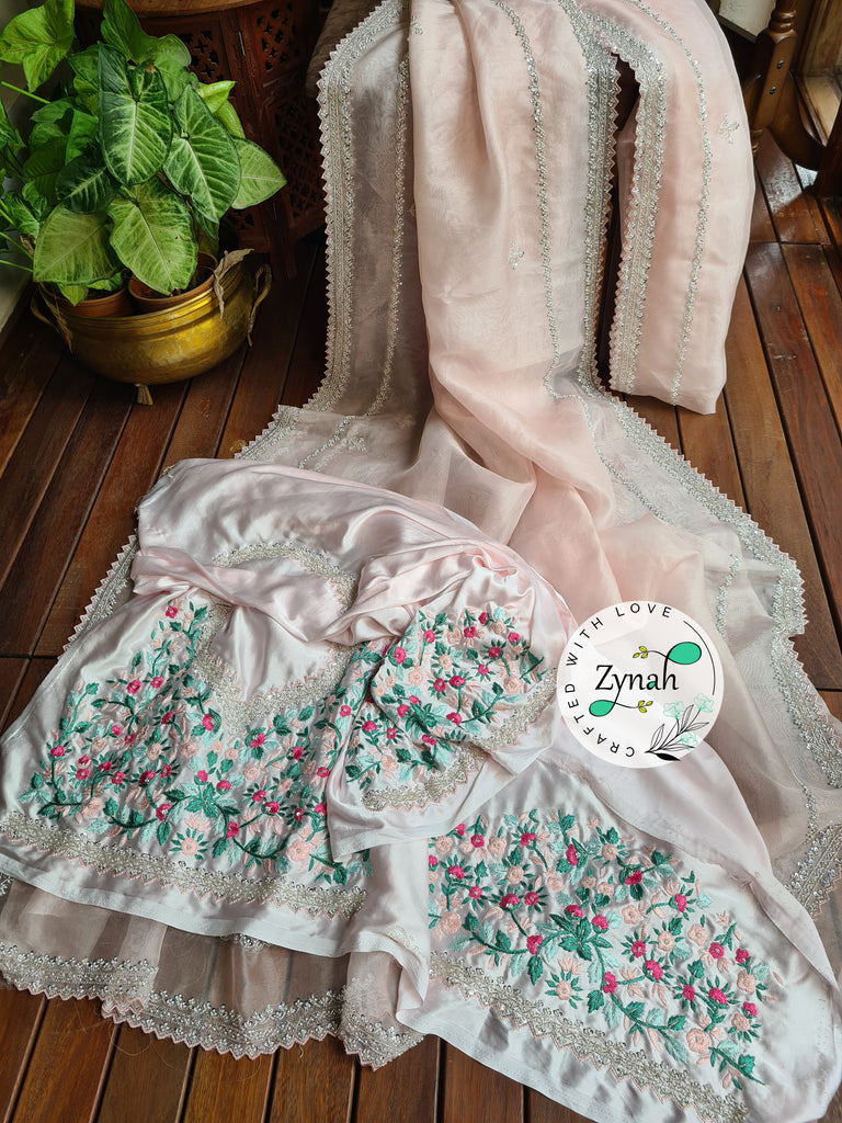 Zynah Light Pink Color Pure Organza Silk Saree with Sequence, Pearls & Cut-dana Work; Custom Stitched/Ready-made Blouse, Fall, Petticoat; Shipping available USA, Worldwide