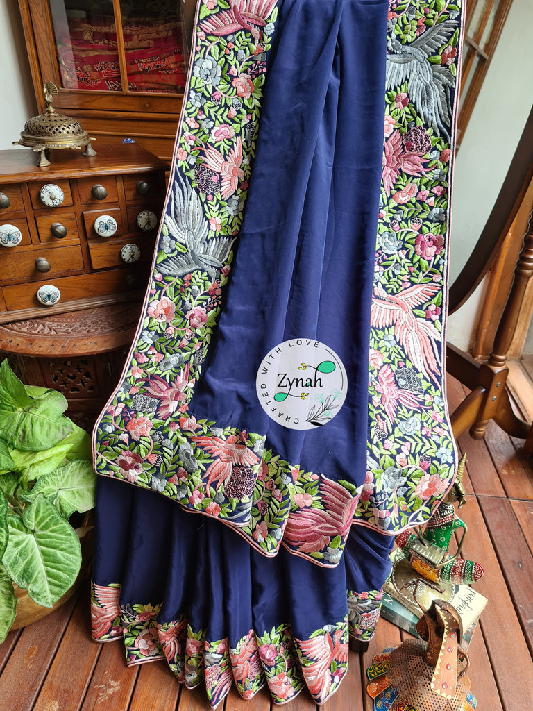 Zynah Blue Color Made to Order Pure Crepe Silk Parsi Gara Handcrafted Saree; Custom Stitched/Ready-made Blouse, Fall, Petticoat; Shipping available USA, Worldwide