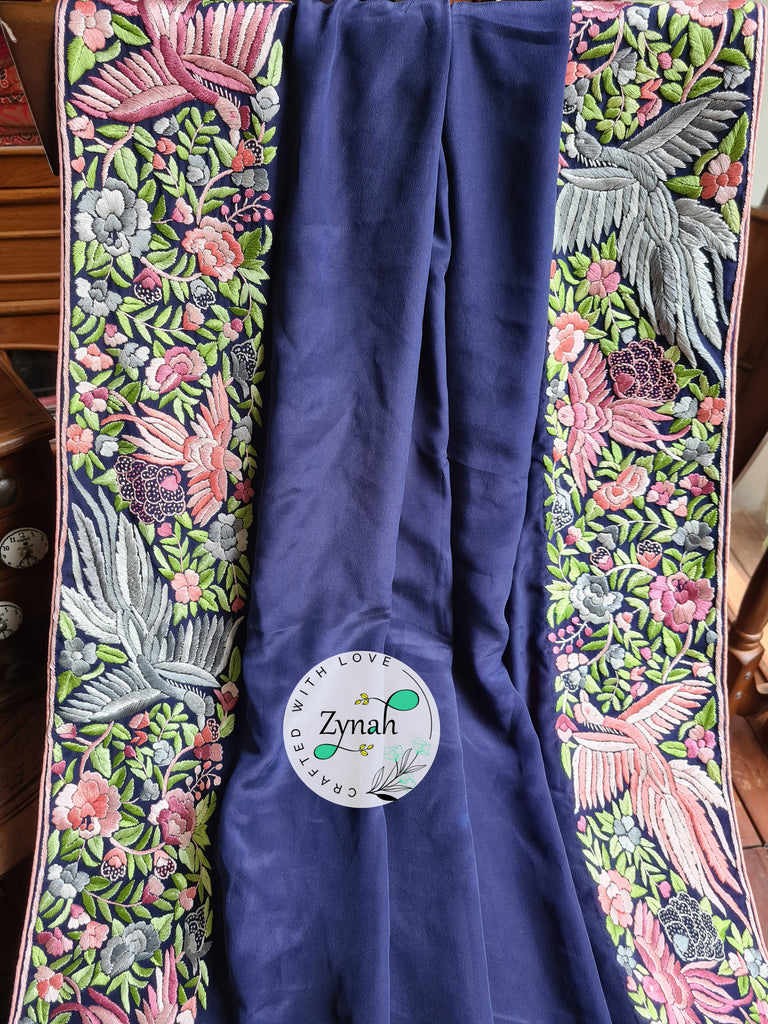 Zynah Blue Color Made to Order Pure Crepe Silk Parsi Gara Handcrafted Saree; Custom Stitched/Ready-made Blouse, Fall, Petticoat; Shipping available USA, Worldwide