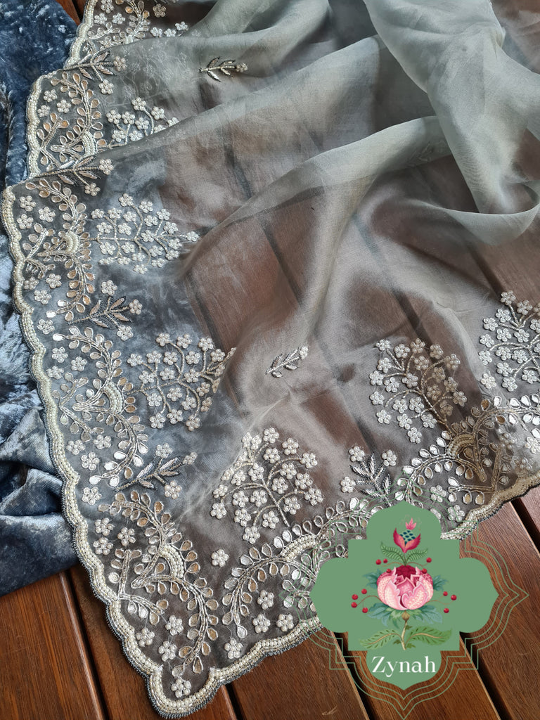 Zynah Grey Color Organza Silk Saree with Cut-dana Work, Pearls, Beads, Gotapatti Work; Custom Stitched/Ready-made Blouse, Fall, Petticoat; Shipping available USA, Worldwide