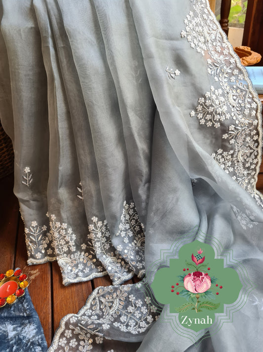 Zynah Grey Color Organza Silk Saree with Cut-dana Work, Pearls, Beads, Gotapatti Work; Custom Stitched/Ready-made Blouse, Fall, Petticoat; Shipping available USA, Worldwide