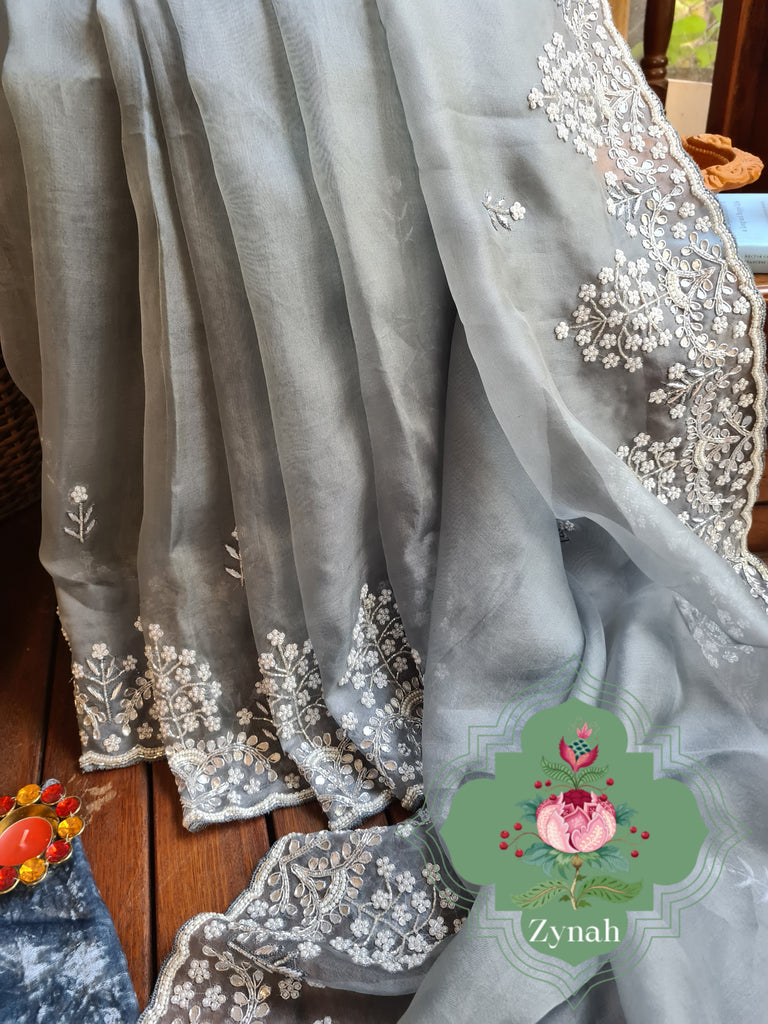Zynah Grey Color Organza Silk Saree with Cut-dana Work, Pearls, Beads, Gotapatti Work; Custom Stitched/Ready-made Blouse, Fall, Petticoat; Shipping available USA, Worldwide