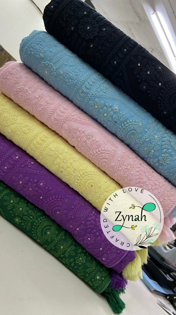 Zynah Pure Georgette Chikankari Saree with Sequence work; Custom Stitched/Ready-made Blouse, Fall, Petticoat; Shipping available USA, Worldwide