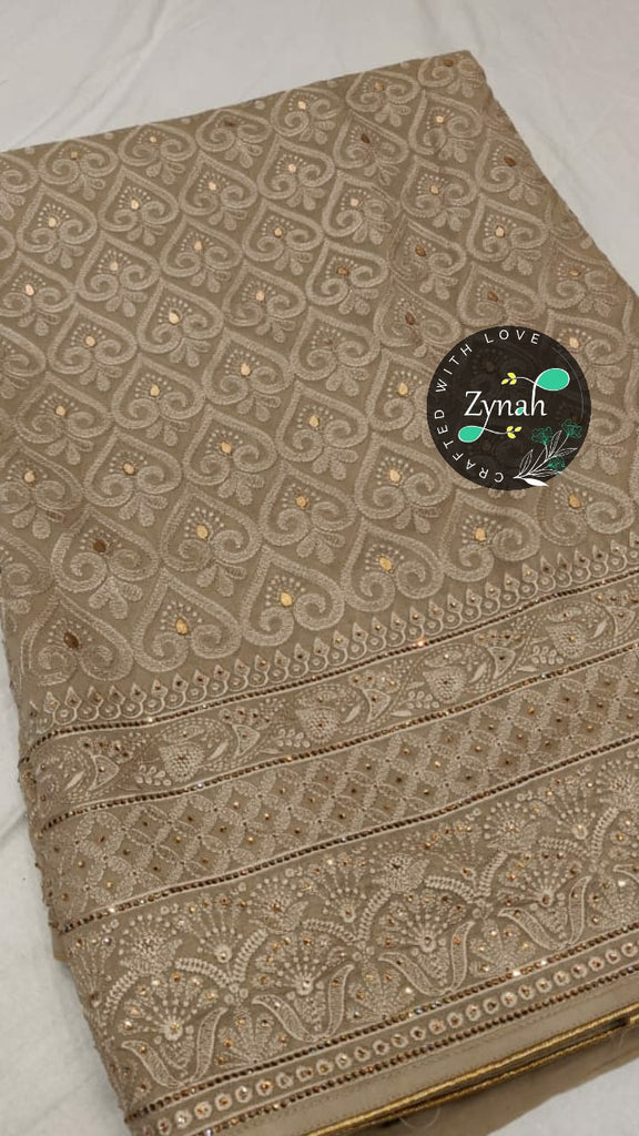 Zynah Pure Georgette Saree with Chikankari & Gotapatti Cut-work; Custom Stitched/Ready-made Blouse, Fall, Petticoat; Shipping available USA, Worldwide