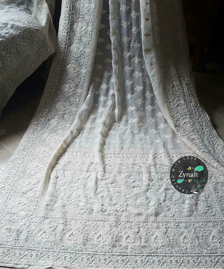 Zynah Pure Georgette Saree with Chikankari & Sequence work; Custom Stitched/Ready-made Blouse, Fall, Petticoat; Shipping available USA, Worldwide