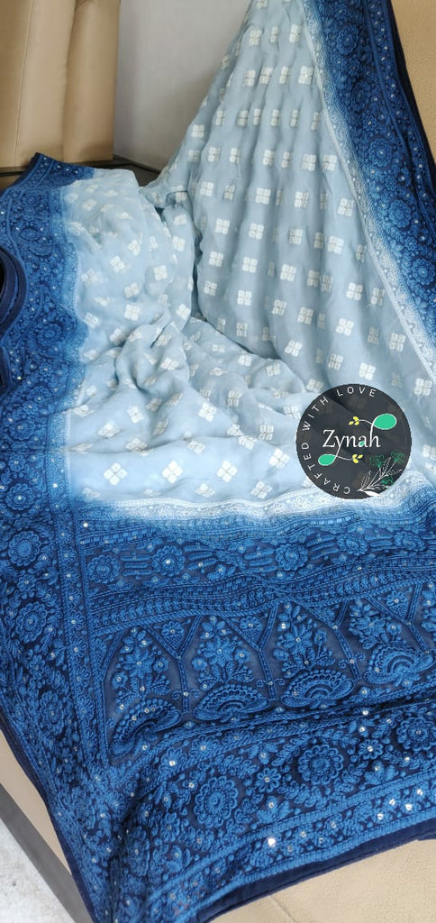 Zynah Pure Georgette Double-shaded Chikankari Saree with Sequence work; Custom Stitched/Ready-made Blouse, Fall, Petticoat; Shipping available USA, Worldwide