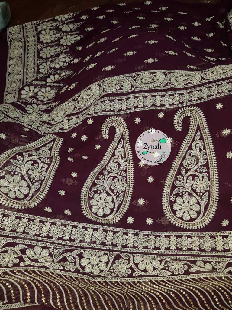 Zynah Pure Georgette Chikankari Saree with Sequence work; Custom Stitched/Ready-made Blouse, Fall, Petticoat; Shipping available USA, Worldwide