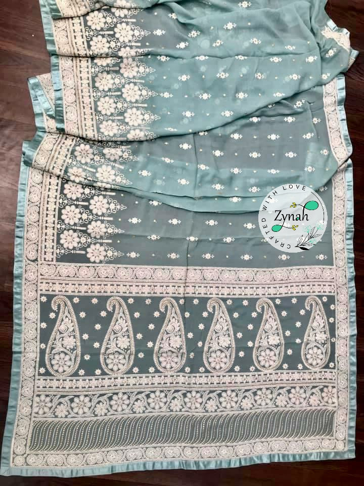 Zynah Pure Georgette Chikankari Saree with Sequence work; Custom Stitched/Ready-made Blouse, Fall, Petticoat; Shipping available USA, Worldwide