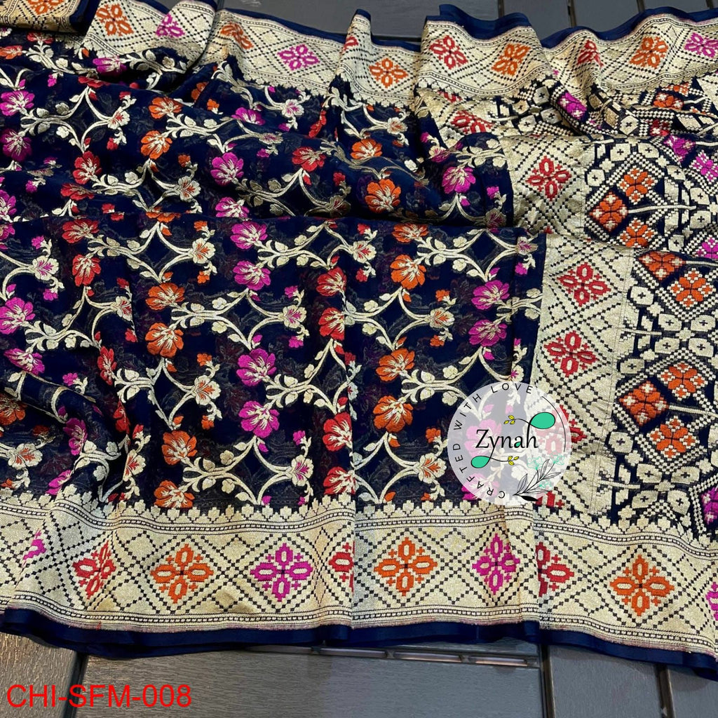 Zynah Pure Khaddi Georgette Meenakari Saree with Golden Zari Weave; Custom Stitched/Ready-made Blouse, Fall, Petticoat; Shipping available USA, Worldwide