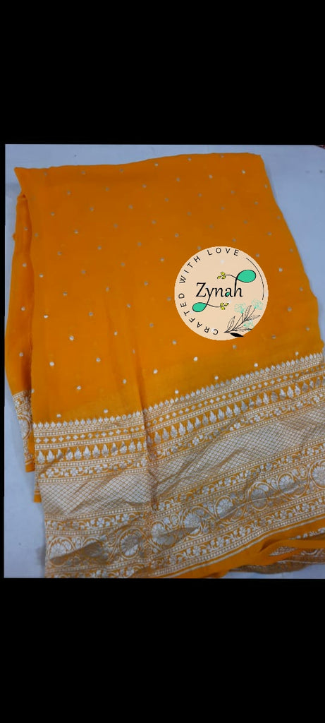 Zynah Pure Khaddi Georgette Saree with Golden Zari Weave; Custom Stitched/Ready-made Blouse, Fall, Petticoat; Shipping available USA, Worldwide