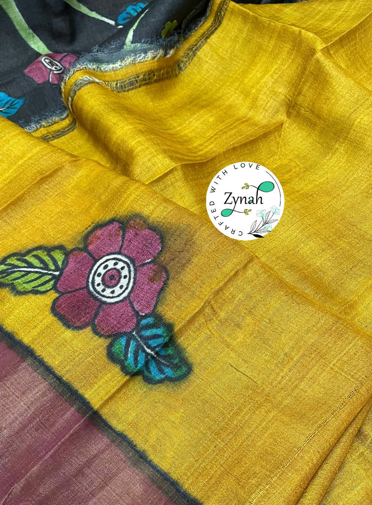 Zynah Pure Tussar Silk Hand-painted Kalamkari Saree; Custom Stitched/Ready-made Blouse, Fall, Petticoat; Shipping available USA, Worldwide