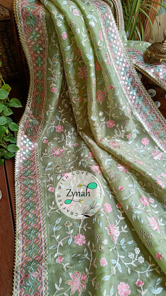 Zynah Pure Organza Silk Saree with Gotapatti Lace, Foil & Thread Embroidery Work; Custom Stitched/Ready-made Blouse, Fall, Petticoat; Shipping available USA, Worldwide
