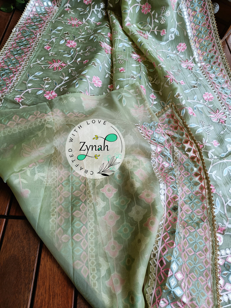 Zynah Pure Organza Silk Saree with Gotapatti Lace, Foil & Thread Embroidery Work; Custom Stitched/Ready-made Blouse, Fall, Petticoat; Shipping available USA, Worldwide