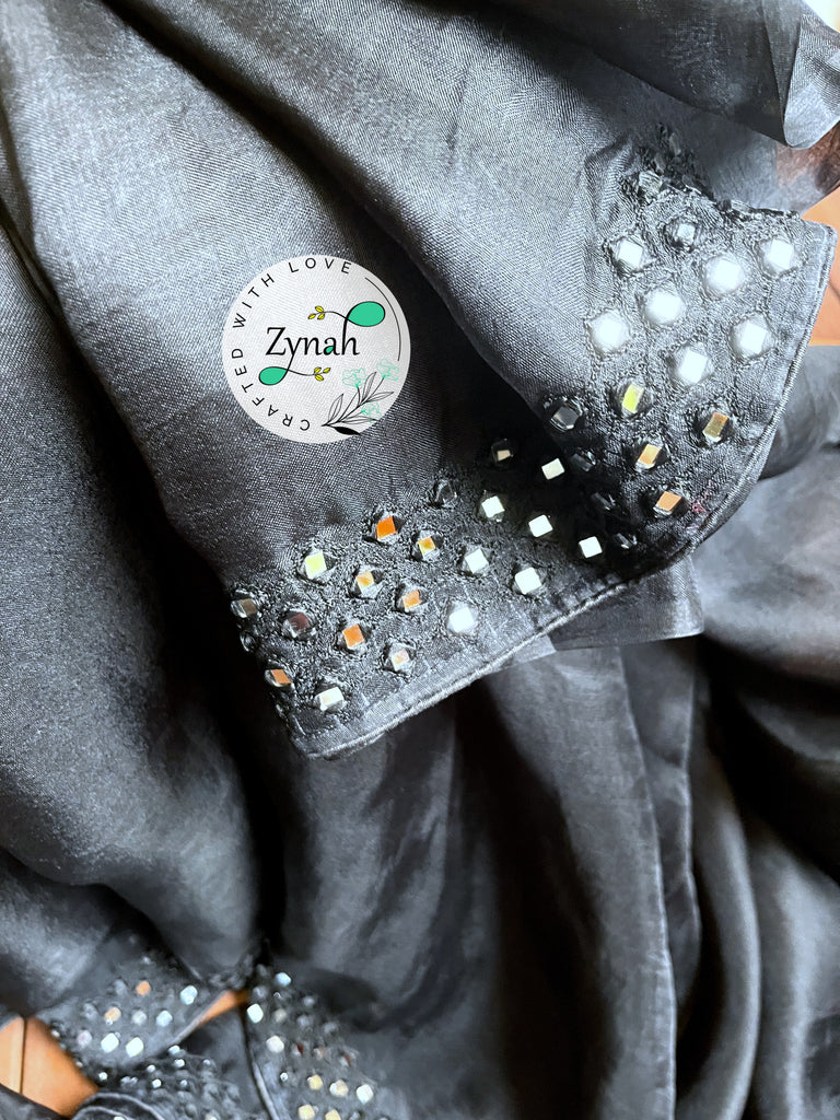 Zynah Pure Organza Silk Saree with Mirror Kutchi Work; Custom Stitched/Ready-made Blouse, Fall, Petticoat; Shipping available USA, Worldwide