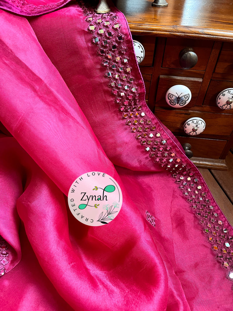 Zynah Pure Organza Silk Saree with Mirror Kutchi Work; Custom Stitched/Ready-made Blouse, Fall, Petticoat; Shipping available USA, Worldwide