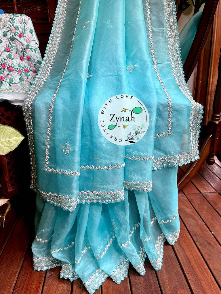 Zynah Light Blue Color Pure Organza Silk Saree with Sequence, Pearls & Cut-dana Work; Custom Stitched/Ready-made Blouse, Fall, Petticoat; Shipping available USA, Worldwide