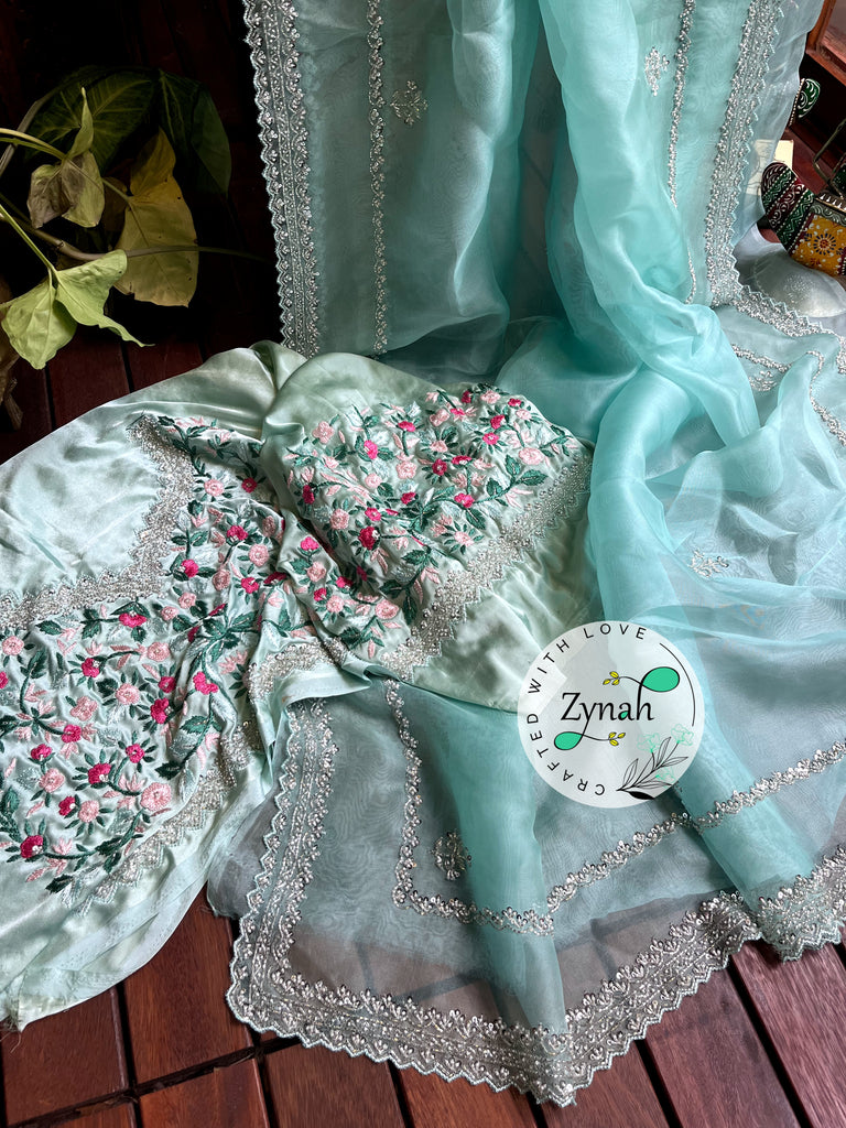 Zynah Sea Green Color Pure Organza Silk Saree with Sequence, Pearls & Cut-dana Work; Custom Stitched/Ready-made Blouse, Fall, Petticoat; Shipping available USA, Worldwide