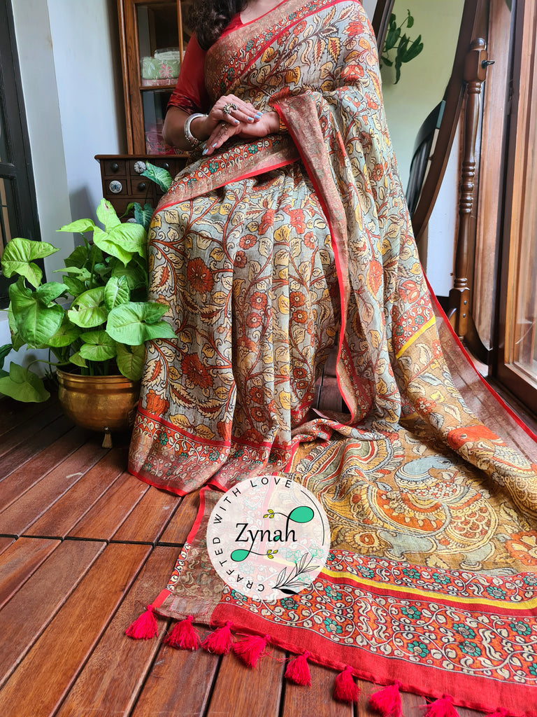Zynah Blue Color Kalamkari Organic Lab Tested 120 Count pure 'Linen by Linen' Saree; Custom Stitched/Ready-made Blouse, Fall, Petticoat; Shipping available USA, Worldwide