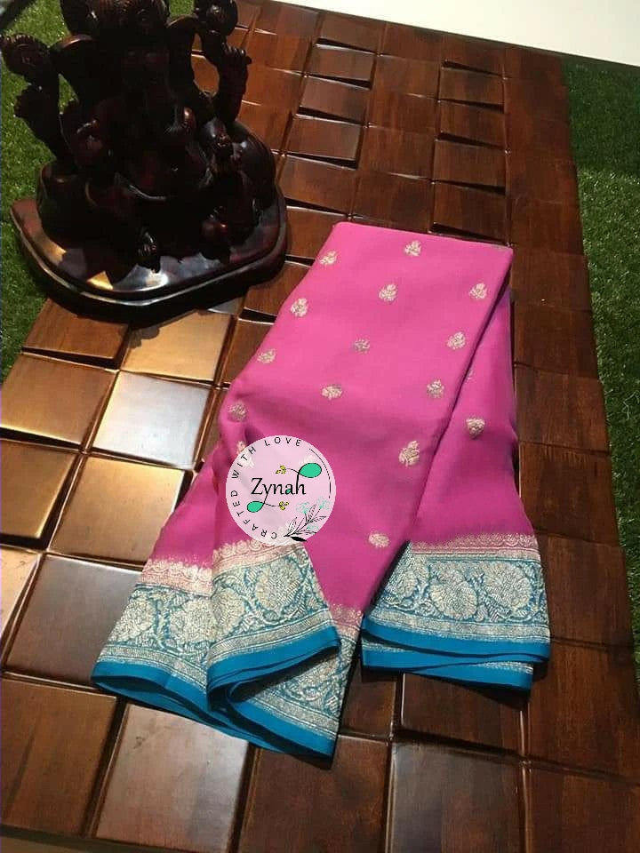 Zynah Pure Banarasi Handloom Khaddi Georgette Saree with Zari Weave; Custom Stitched/Ready-made Blouse, Fall, Petticoat; Shipping available USA, Worldwide