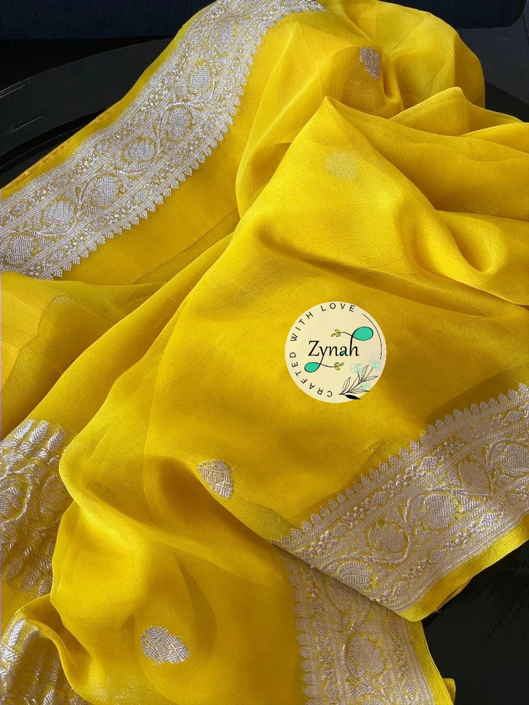 Zynah Pure Banarasi Handloom Khaddi Georgette Saree with Zari Border & Butis; Custom Stitched/Ready-made Blouse, Fall, Petticoat; Shipping available USA, Worldwide