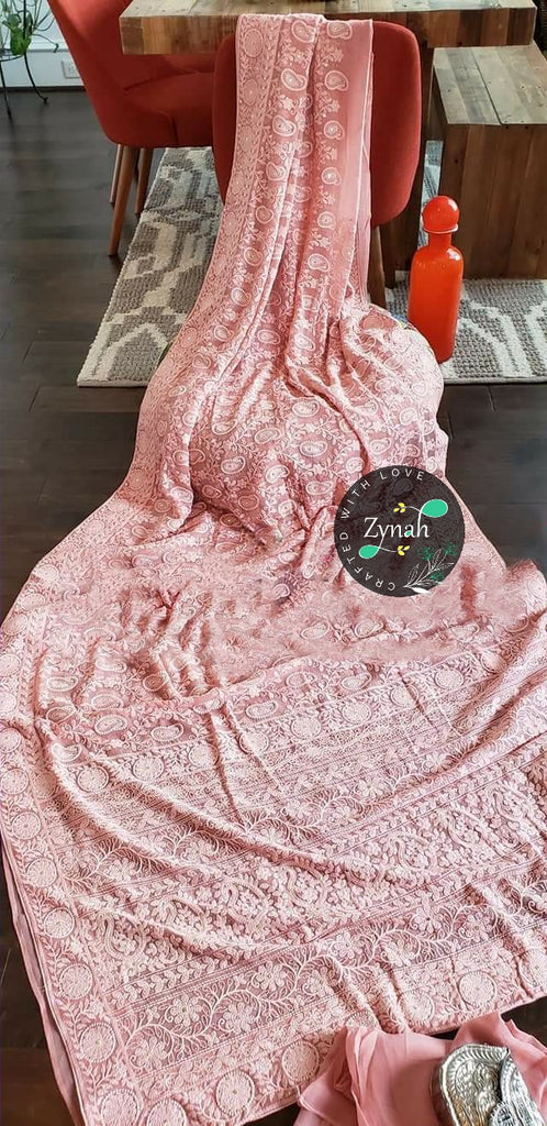 Zynah Pure Georgette Saree with Chikankari, Zari & Sequence Work; Custom Stitched/Ready-made Blouse, Fall, Petticoat; Shipping available USA, Worldwide