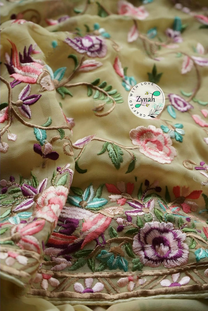 Zynah Pure Georgette Saree with Parsi Gara Inspired Embroidery; Custom Stitched/Ready-made Blouse, Fall, Petticoat; Shipping available USA, Worldwide