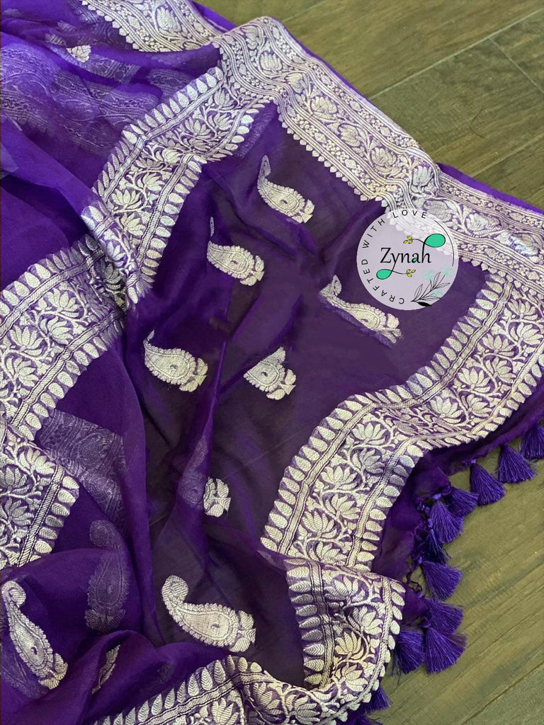 Zynah Pure Banarasi Handloom Khaddi Georgette Saree with Zari Border & Butis; Custom Stitched/Ready-made Blouse, Fall, Petticoat; Shipping available USA, Worldwide