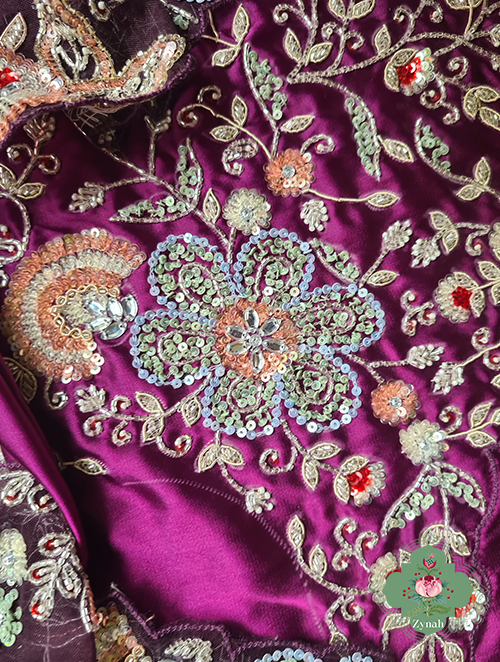 Zynah Aubergine Color Pure Organza Silk Saree With Pastel Sequins, Zardosi, Cutdana, Pearls Handwork & Thread Embroidery; Custom Stitched/Ready-made Blouse, Fall, Petticoat; SKU: 1001202301