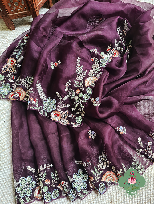 Zynah Aubergine Color Pure Organza Silk Saree With Pastel Sequins, Zardosi, Cutdana, Pearls Handwork & Thread Embroidery; Custom Stitched/Ready-made Blouse, Fall, Petticoat; SKU: 1001202301
