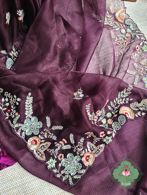 Zynah Aubergine Color Pure Organza Silk Saree With Pastel Sequins, Zardosi, Cutdana, Pearls Handwork & Thread Embroidery; Custom Stitched/Ready-made Blouse, Fall, Petticoat; SKU: 1001202301