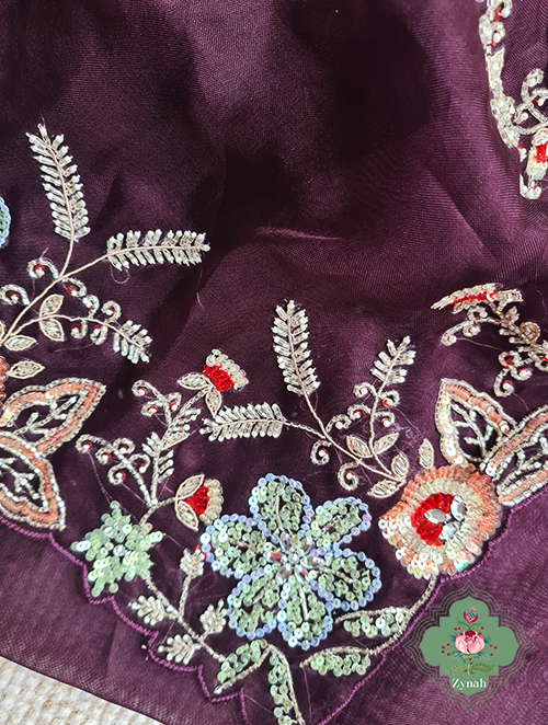 Zynah Aubergine Color Pure Organza Silk Saree With Pastel Sequins, Zardosi, Cutdana, Pearls Handwork & Thread Embroidery; Custom Stitched/Ready-made Blouse, Fall, Petticoat; SKU: 1001202301
