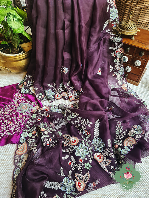 Zynah Aubergine Color Pure Organza Silk Saree With Pastel Sequins, Zardosi, Cutdana, Pearls Handwork & Thread Embroidery; Custom Stitched/Ready-made Blouse, Fall, Petticoat; SKU: 1001202301