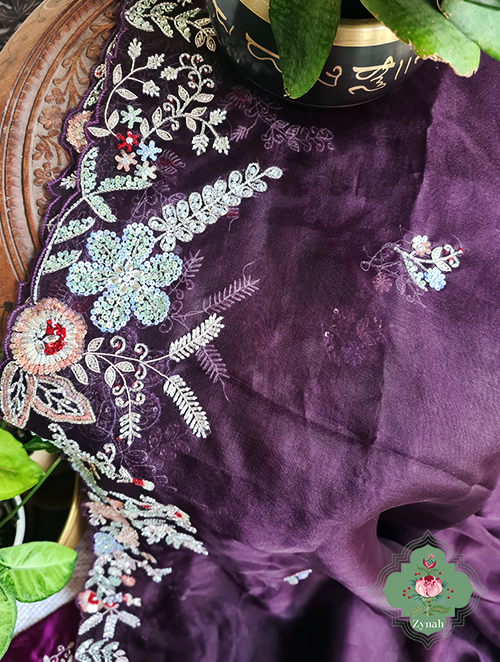Zynah Aubergine Color Pure Organza Silk Saree With Pastel Sequins, Zardosi, Cutdana, Pearls Handwork & Thread Embroidery; Custom Stitched/Ready-made Blouse, Fall, Petticoat; SKU: 1001202301