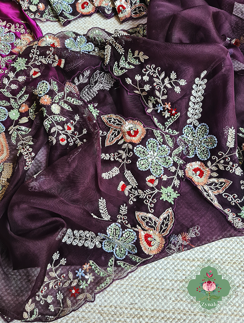 Zynah Aubergine Color Pure Organza Silk Saree With Pastel Sequins, Zardosi, Cutdana, Pearls Handwork & Thread Embroidery; Custom Stitched/Ready-made Blouse, Fall, Petticoat; SKU: 1001202301