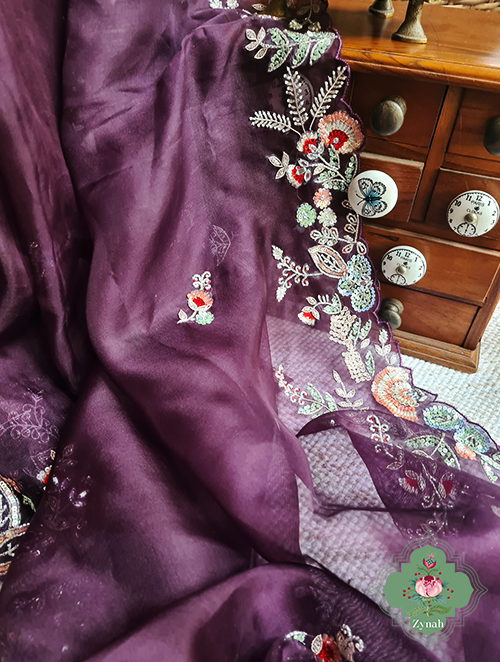 Zynah Aubergine Color Pure Organza Silk Saree With Pastel Sequins, Zardosi, Cutdana, Pearls Handwork & Thread Embroidery; Custom Stitched/Ready-made Blouse, Fall, Petticoat; SKU: 1001202301