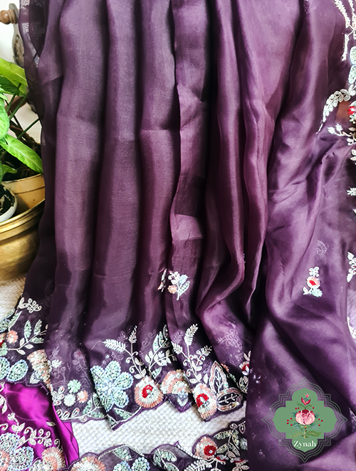 Zynah Aubergine Color Pure Organza Silk Saree With Pastel Sequins, Zardosi, Cutdana, Pearls Handwork & Thread Embroidery; Custom Stitched/Ready-made Blouse, Fall, Petticoat; SKU: 1001202301