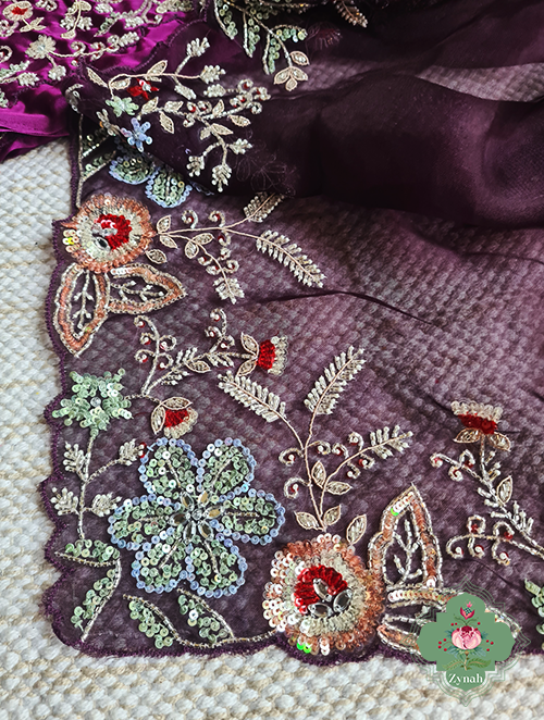 Zynah Aubergine Color Pure Organza Silk Saree With Pastel Sequins, Zardosi, Cutdana, Pearls Handwork & Thread Embroidery; Custom Stitched/Ready-made Blouse, Fall, Petticoat; SKU: 1001202301