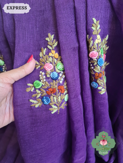 Zynah Aubergine Organic & Superior Count Pure Linen By Linen Saree With Zari Border, French-knot Embroidered Butis & Kantha Work Pallu; Custom Stitched/Ready-made Blouse, Fall, Petticoat; SKU: 2401202302
