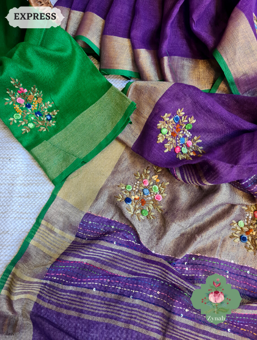 Zynah Aubergine Organic & Superior Count Pure Linen By Linen Saree With Zari Border, French-knot Embroidered Butis & Kantha Work Pallu; Custom Stitched/Ready-made Blouse, Fall, Petticoat; SKU: 2401202302