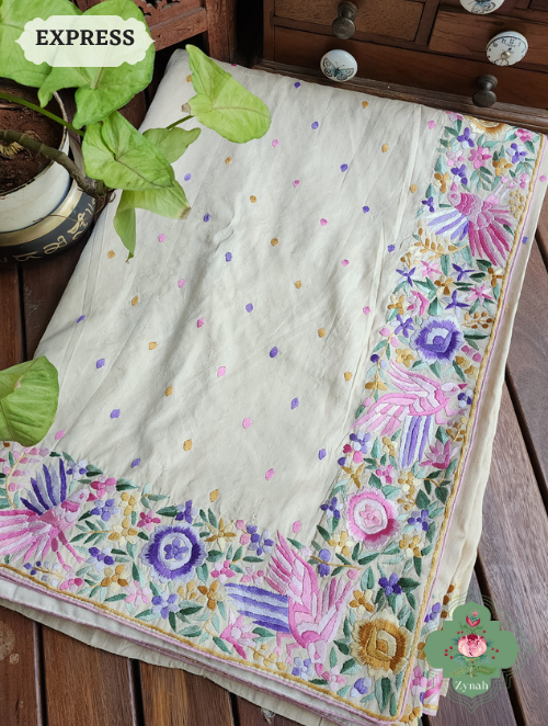 Zynah Made to Order Beige Pure Tussar Silk Parsi Gara Hand Embroidered Saree; Custom Stitched/Ready-made Blouse, Fall, Petticoat; SKU: 0404202301