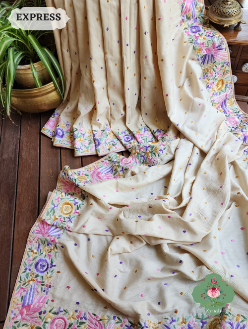 Zynah Made to Order Beige Pure Tussar Silk Parsi Gara Hand Embroidered Saree; Custom Stitched/Ready-made Blouse, Fall, Petticoat; SKU: 0404202301