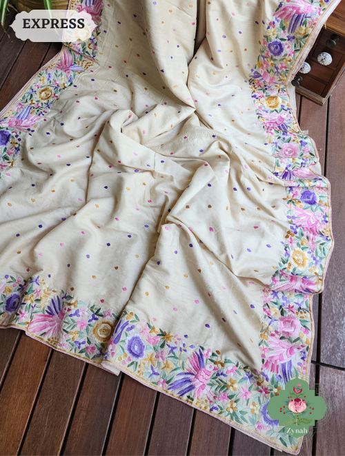 Zynah Made to Order Beige Pure Tussar Silk Parsi Gara Hand Embroidered Saree; Custom Stitched/Ready-made Blouse, Fall, Petticoat; SKU: 0404202301