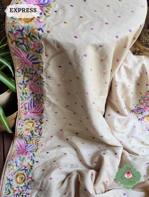 Zynah Made to Order Beige Pure Tussar Silk Parsi Gara Hand Embroidered Saree; Custom Stitched/Ready-made Blouse, Fall, Petticoat; SKU: 0404202301