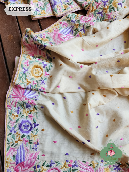 Zynah Made to Order Beige Pure Tussar Silk Parsi Gara Hand Embroidered Saree; Custom Stitched/Ready-made Blouse, Fall, Petticoat; SKU: 0404202301