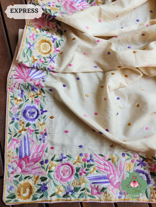 Zynah Made to Order Beige Pure Tussar Silk Parsi Gara Hand Embroidered Saree; Custom Stitched/Ready-made Blouse, Fall, Petticoat; SKU: 0404202301